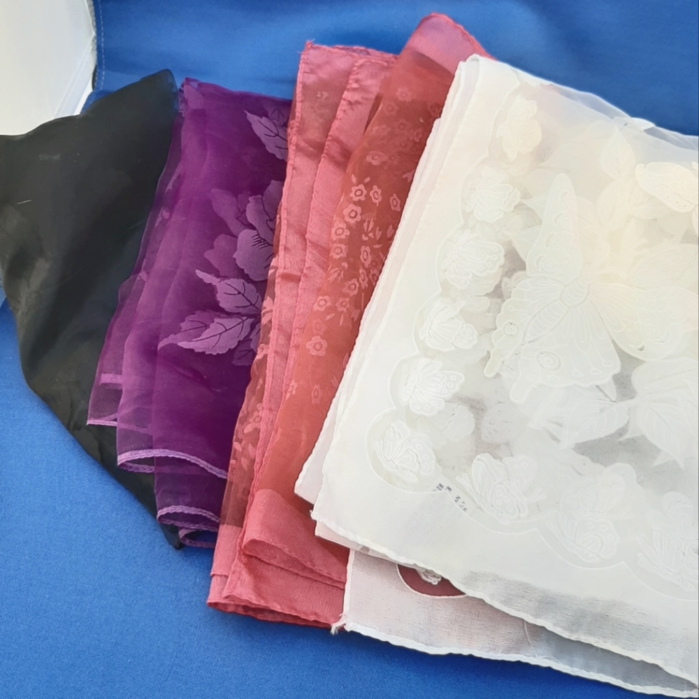 Scarves Lot of 4 Purple Black White Pink Rayon Italy Japan Roses Butterfly EUC